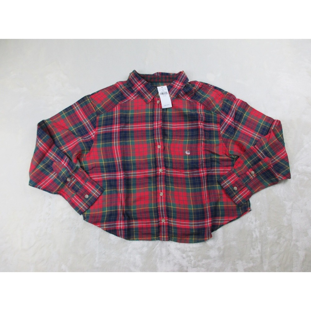 NEW American Eagle Shirt‎ Womens Extra Small Red Button Up Long Sleeve Crop Top